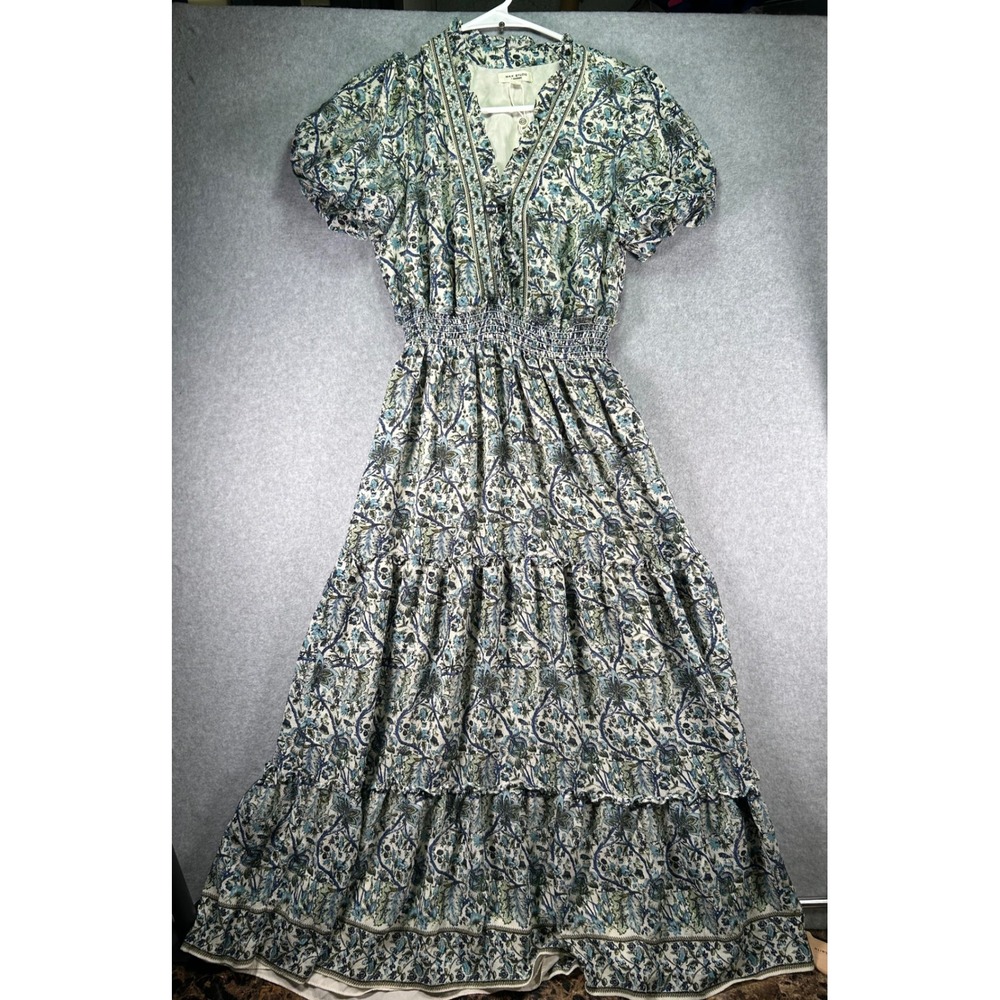 Max Studio London Blue Green Floral Paisley Smocked Tiered Maxi Dress Womens M